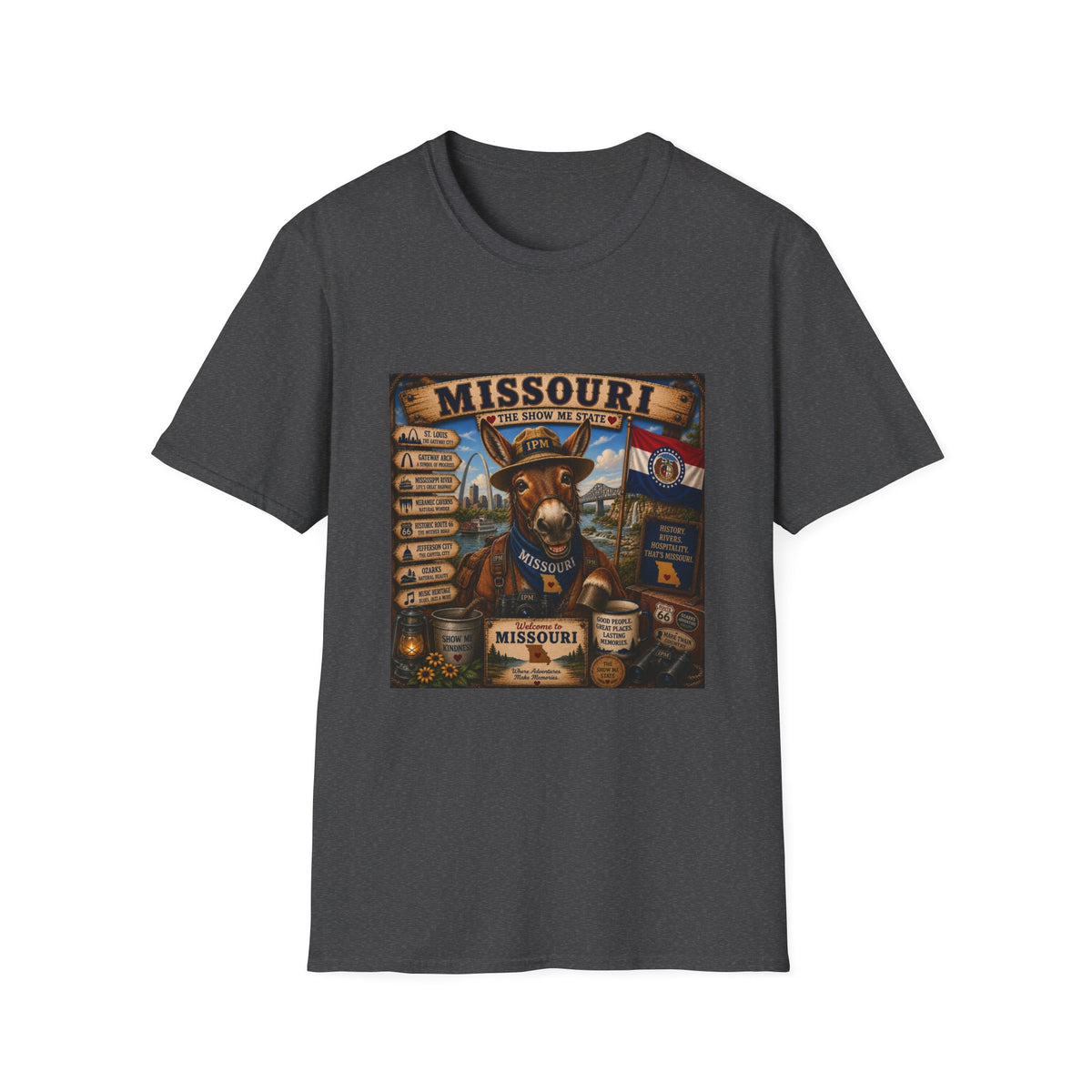 Missouri Vintage Donkey T-Shirt — State Map, Landmarks & Flag Graphic