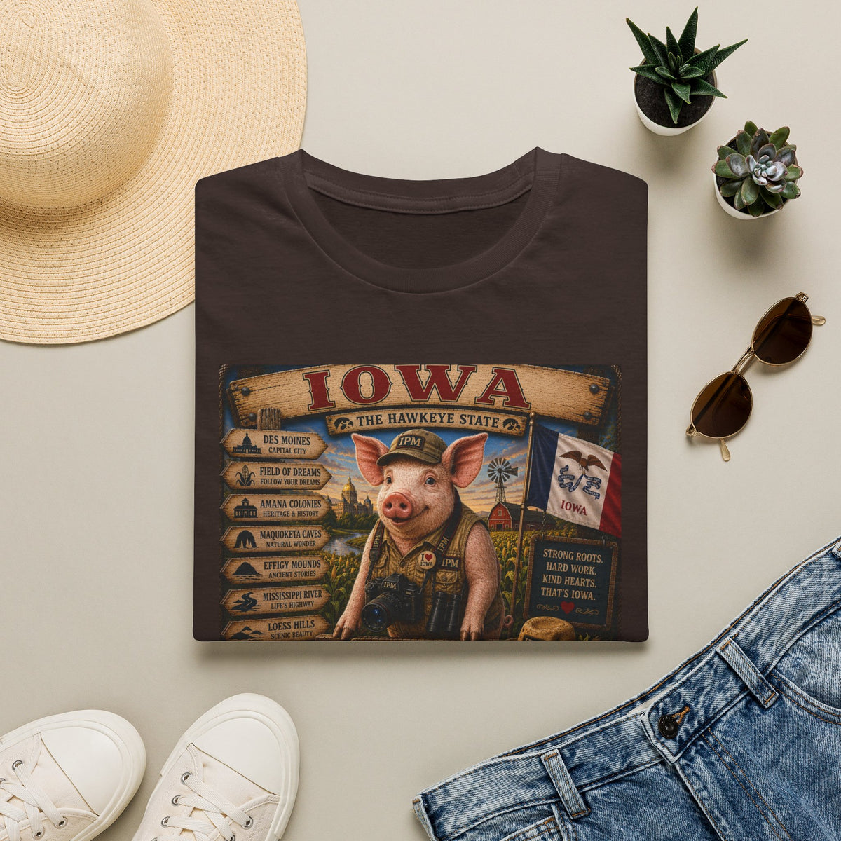Iowa Pig State Map T-Shirt — Hawkeye State Travel Souvenir Tee