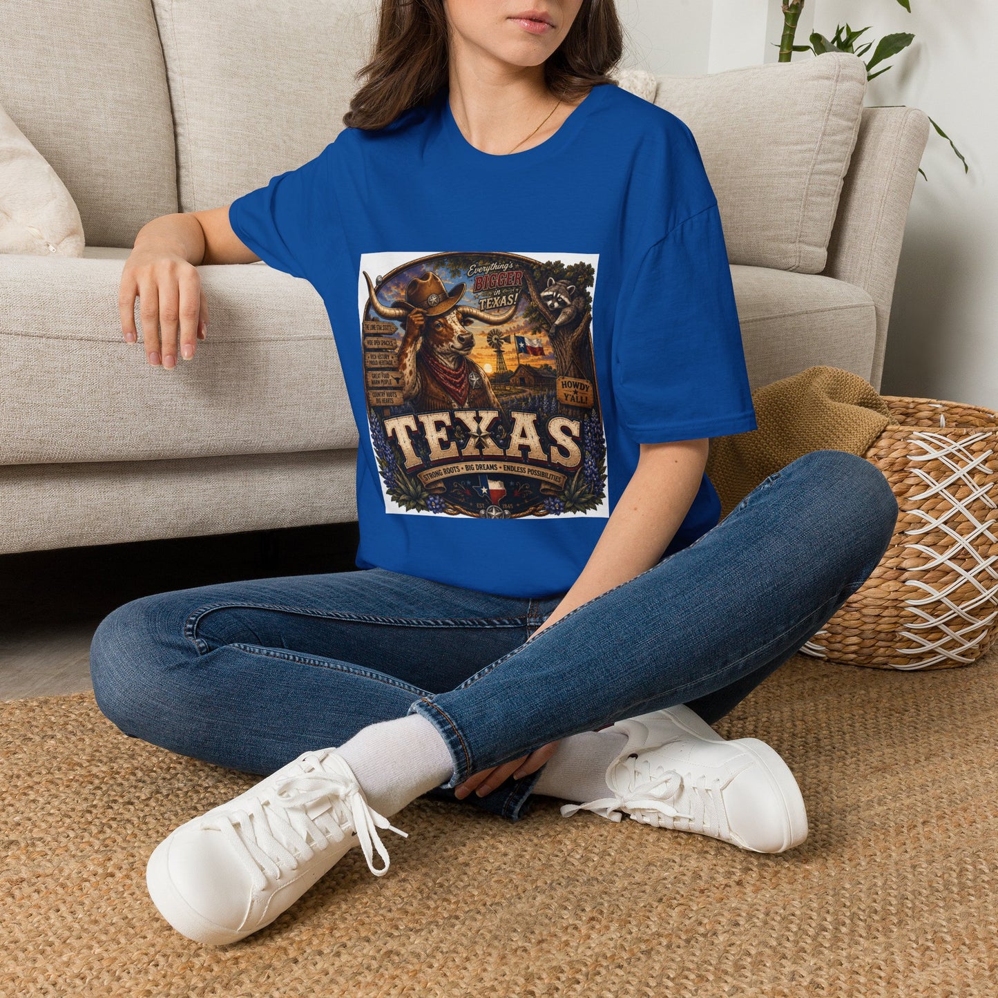 Texas Retro Cowboy T-Shirt — Vintage Longhorn & Raccoon Road Sign Design