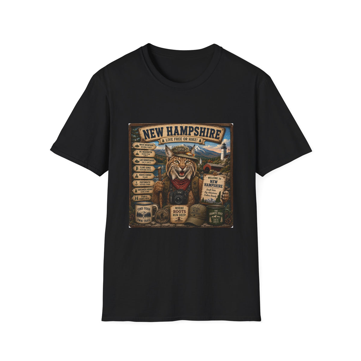 New Hampshire T-Shirt — 'Live Free or Hike' Vintage Mountain Bobcat Design