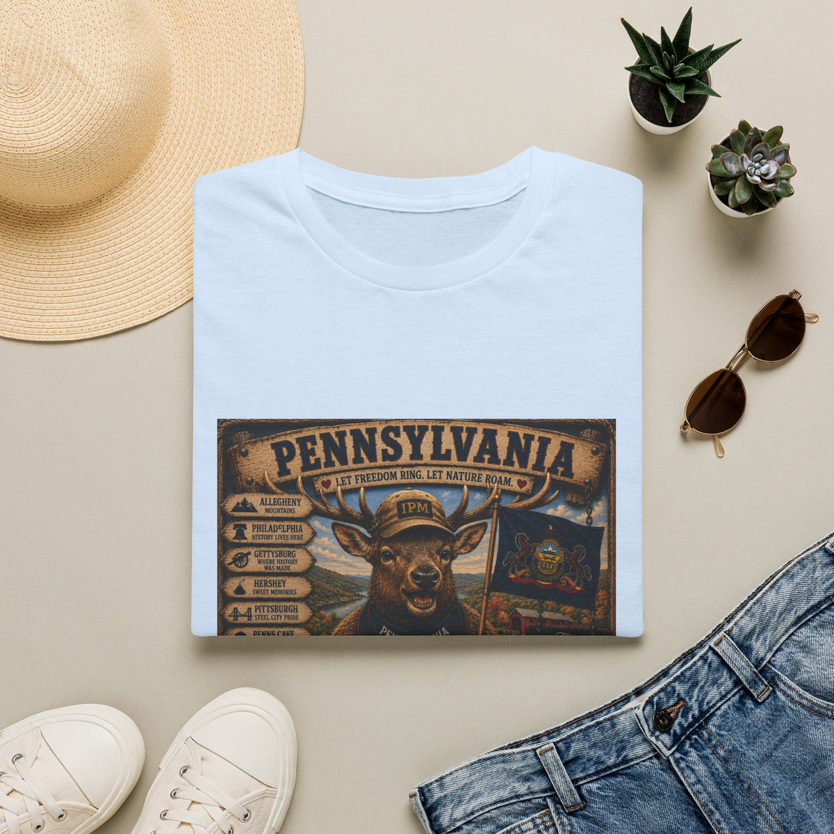 Pennsylvania Deer Vintage State Sign T-Shirt — Rustic Hunting & Outdoors Souvenir