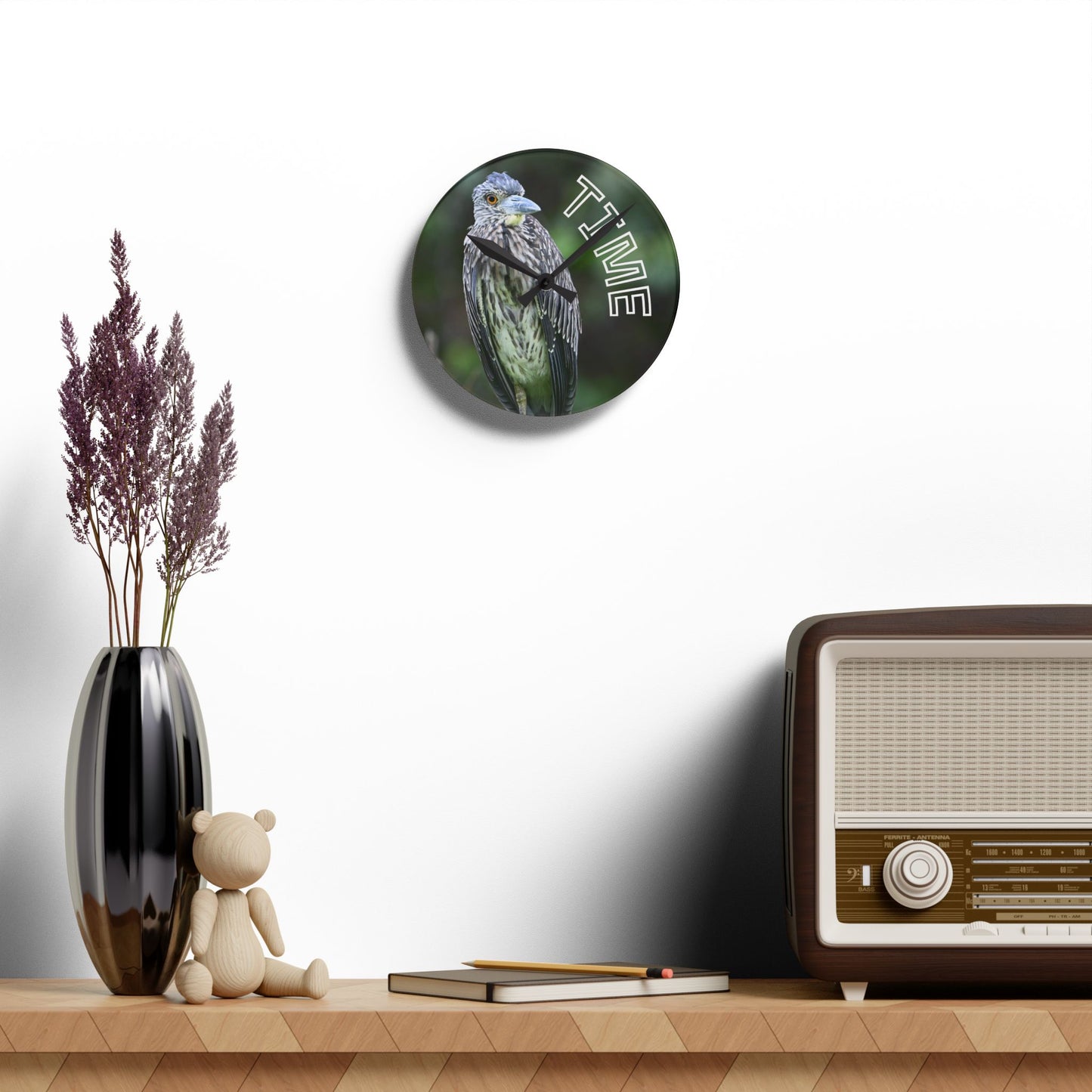 Acrylic Wall Clock — Bird Photo "TIME" Decorative Wall Clock for Nature Lovers