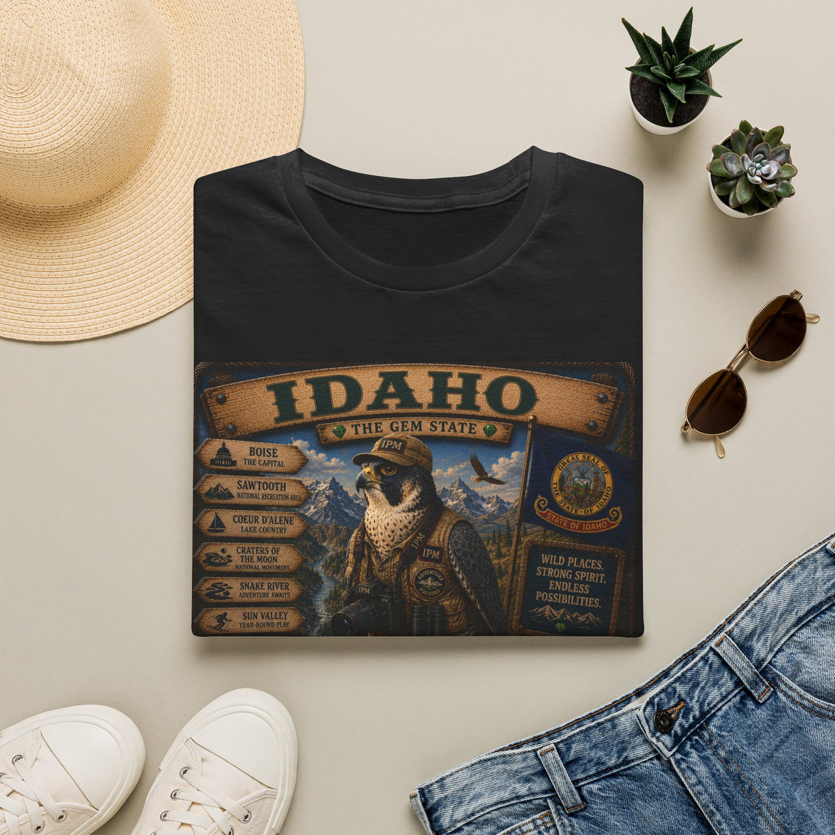 Idaho State Vintage Wildlife T-Shirt — 'The Gem State' Mountain & Wolf Graphic