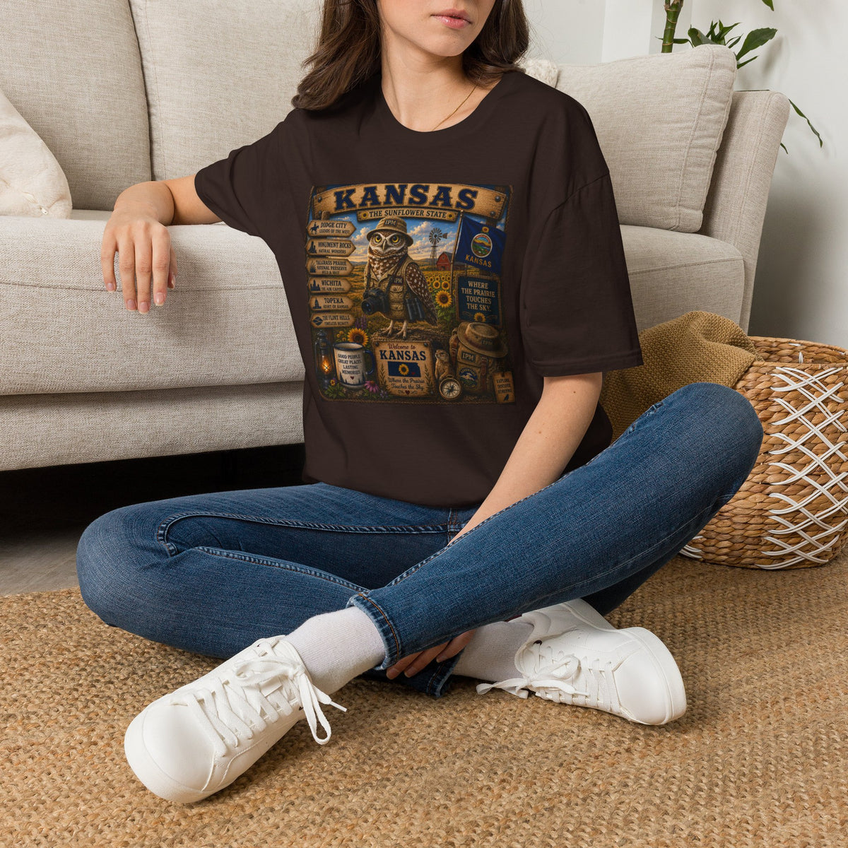 Kansas Vintage State Map T‑Shirt — Sunflower State Owl Design