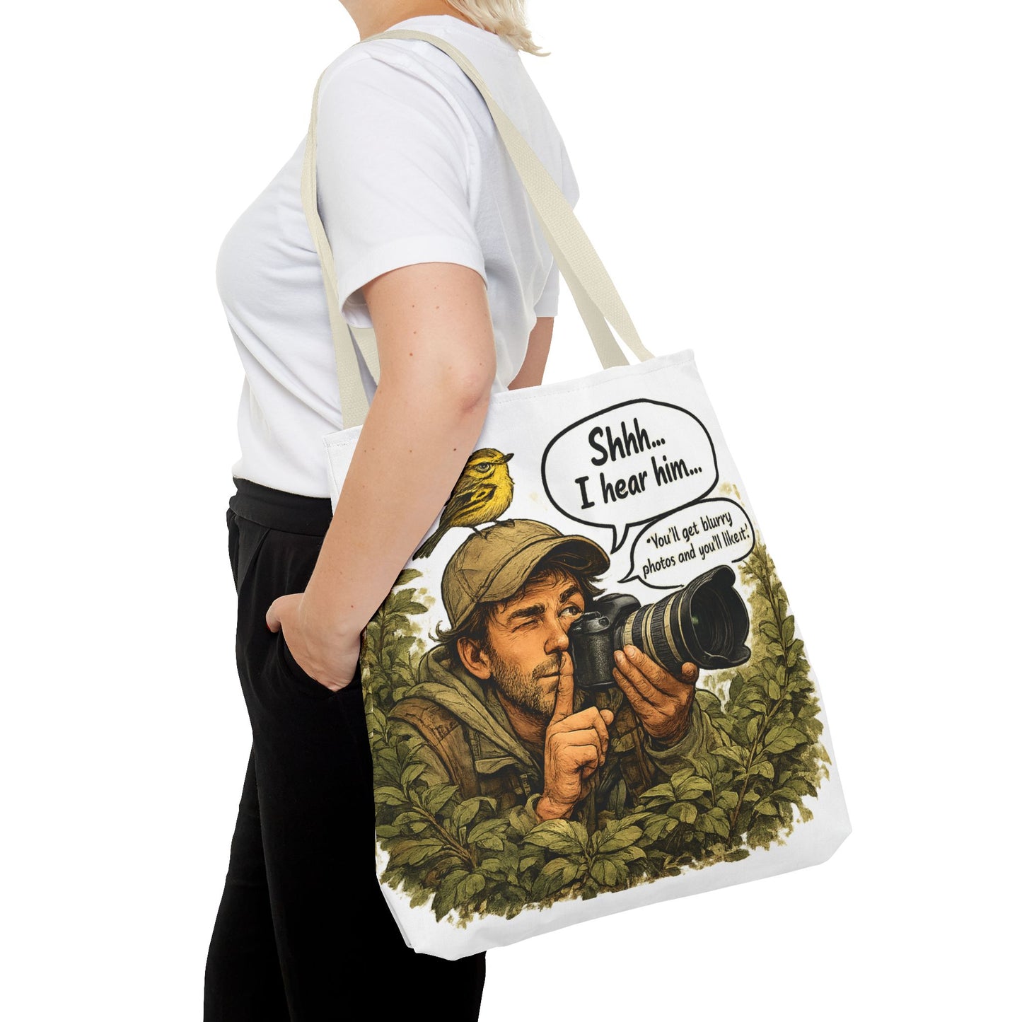 Wildlife Photographer Tote Bag – "Shhh... I hear him" Birdwatching Camera Print