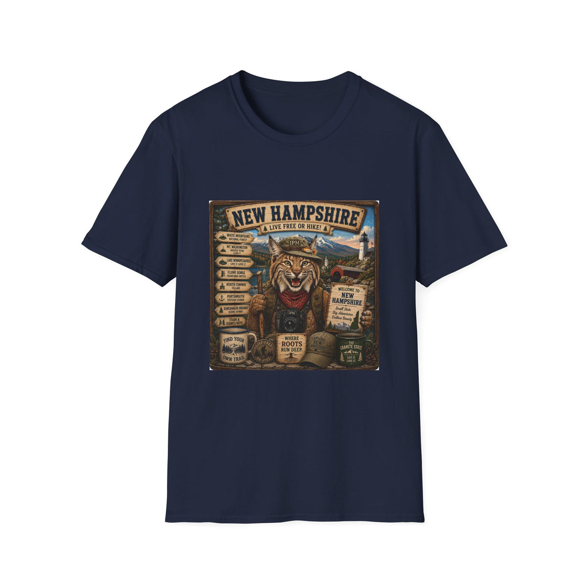 New Hampshire T-Shirt — 'Live Free or Hike' Vintage Mountain Bobcat Design