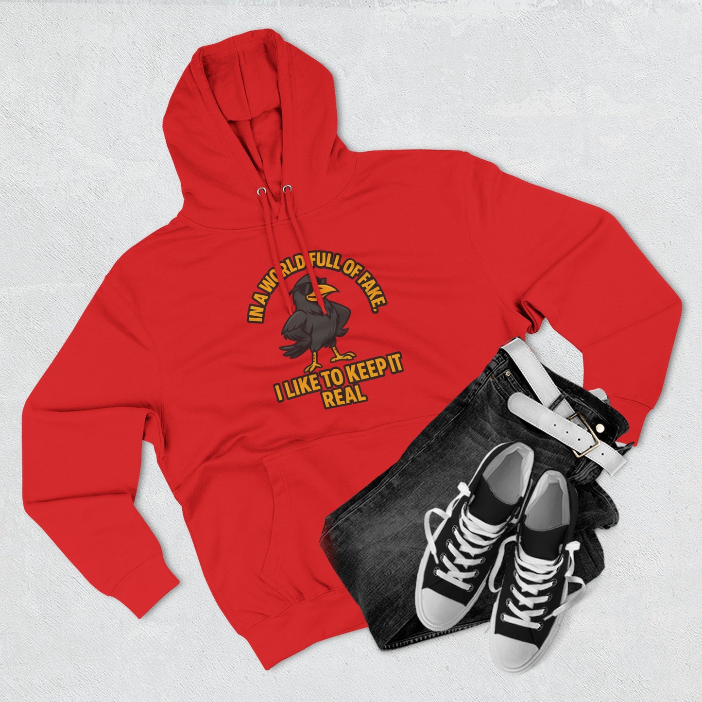 Three-Panel Hoodie — Funny Ostrich "I Like to Keep It Real" Graphic