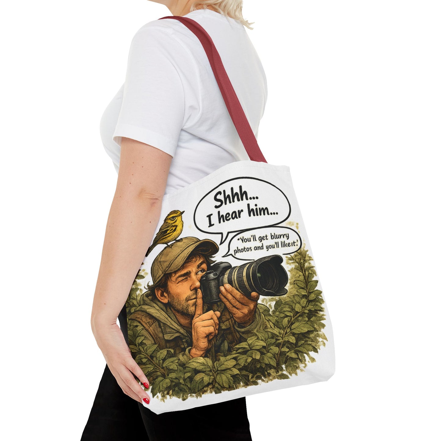 Wildlife Photographer Tote Bag – "Shhh... I hear him" Birdwatching Camera Print