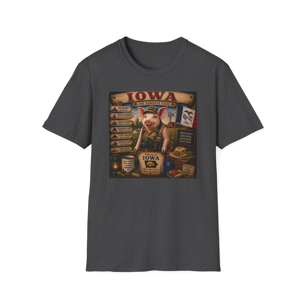 Iowa Pig State Map T-Shirt — Hawkeye State Travel Souvenir Tee