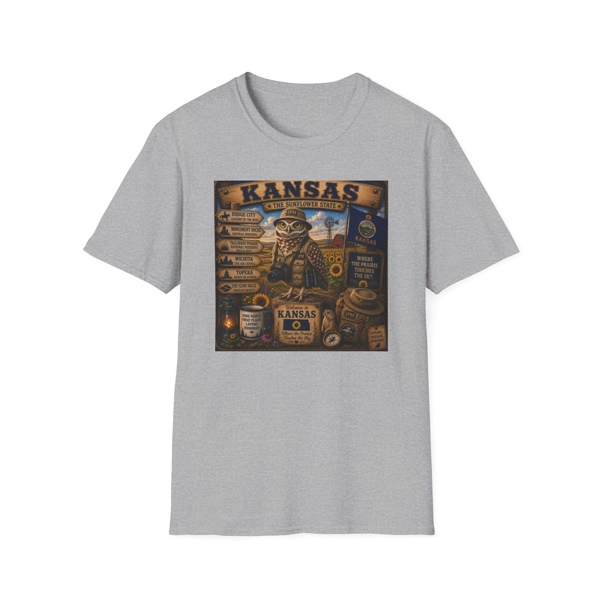 Kansas Vintage State Map T‑Shirt — Sunflower State Owl Design