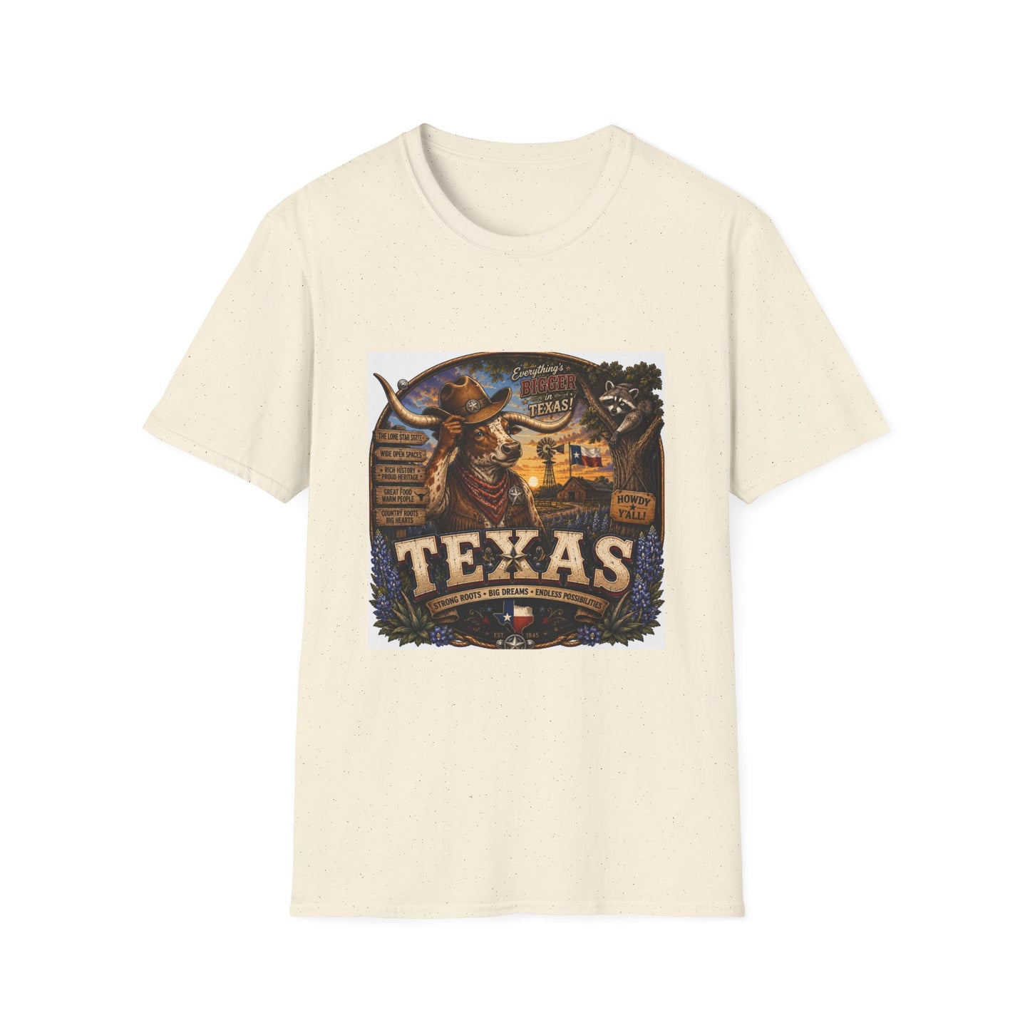 Texas Retro Cowboy T-Shirt — Vintage Longhorn & Raccoon Road Sign Design