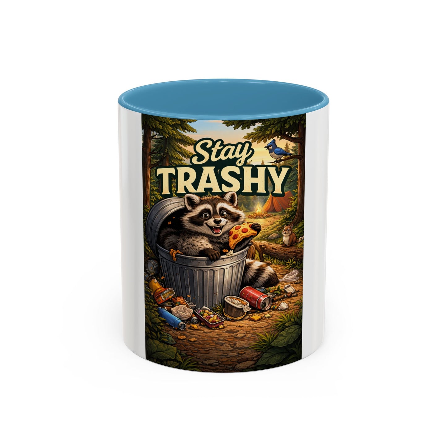 Stay Trashy Coffee Mug — Funny Raccoon Trash Can Design, Novelty Gift for Friends & Family