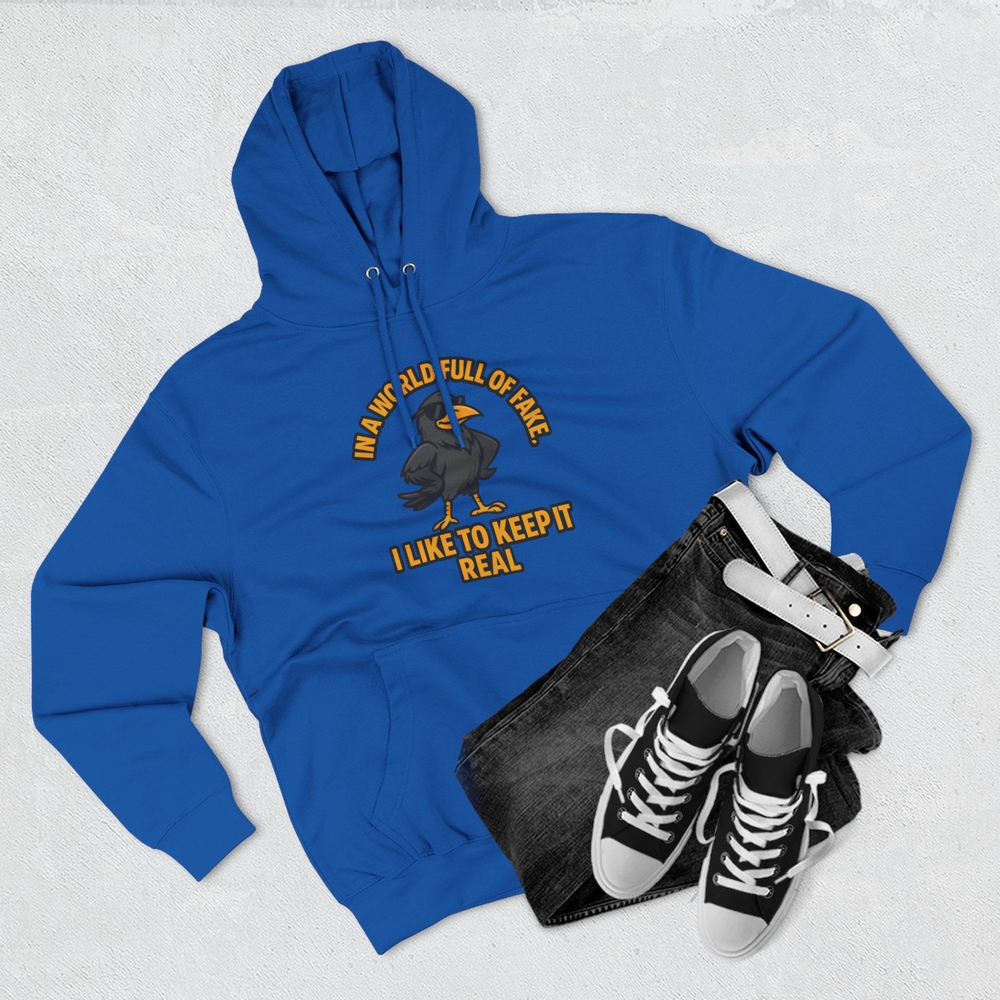 Three-Panel Hoodie — Funny Ostrich "I Like to Keep It Real" Graphic