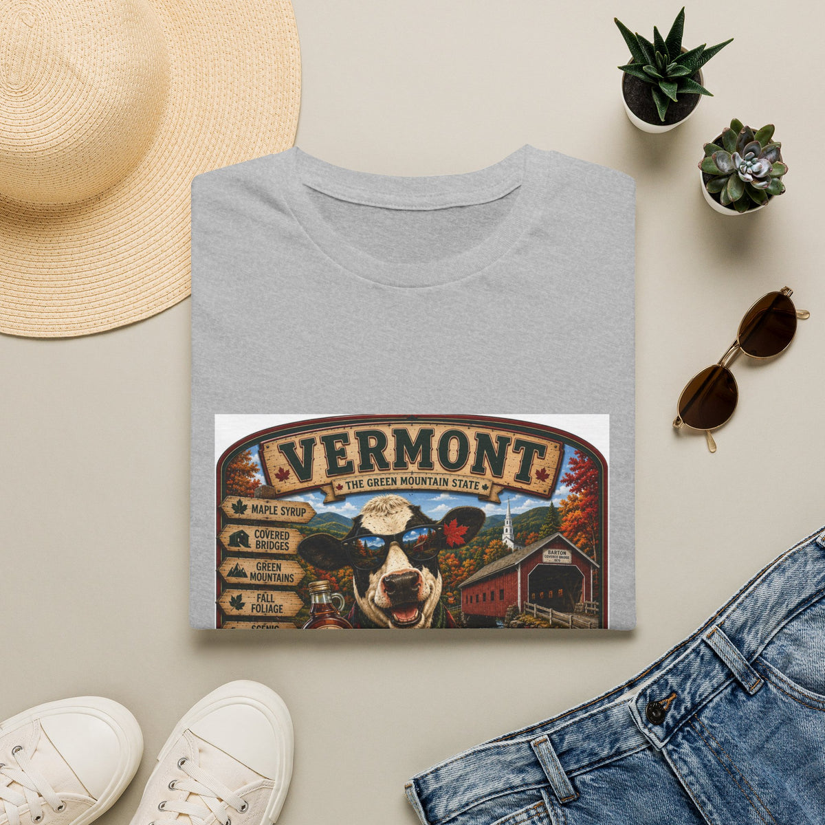 Vermont Vintage Travel T‑Shirt — Retro State Sign & Cow Design