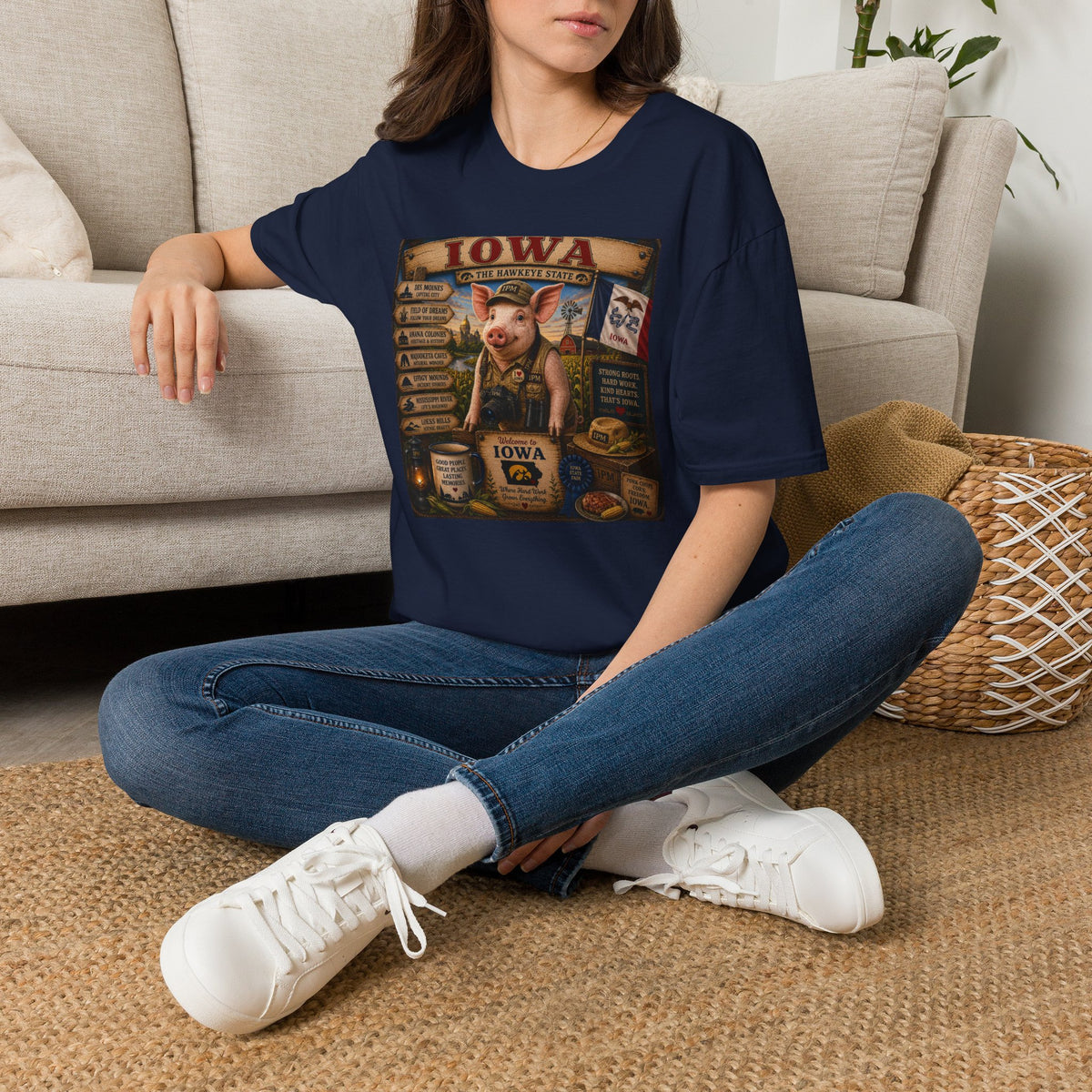 Iowa Pig State Map T-Shirt — Hawkeye State Travel Souvenir Tee