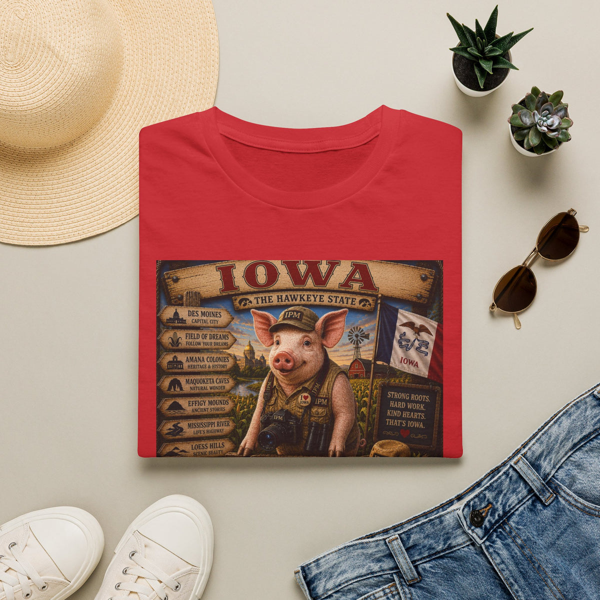 Iowa Pig State Map T-Shirt — Hawkeye State Travel Souvenir Tee