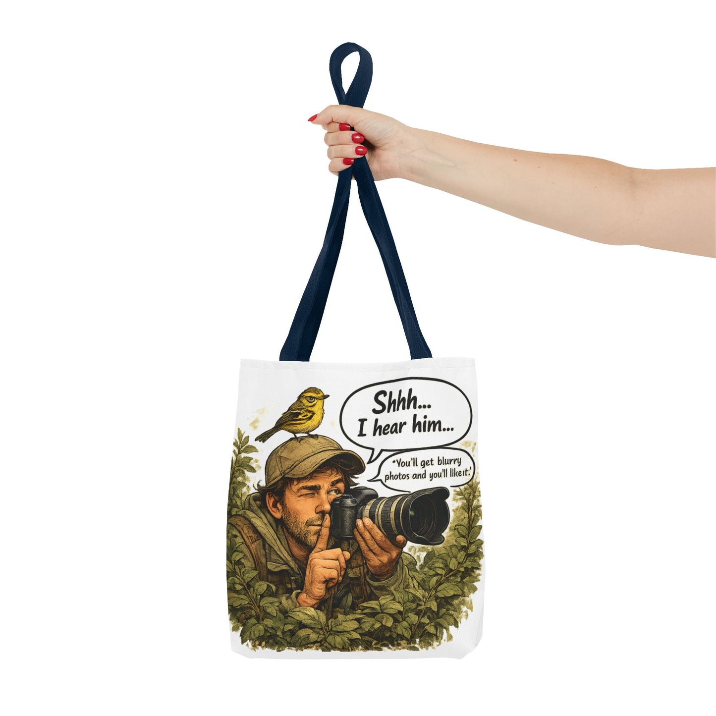Wildlife Photographer Tote Bag – "Shhh... I hear him" Birdwatching Camera Print