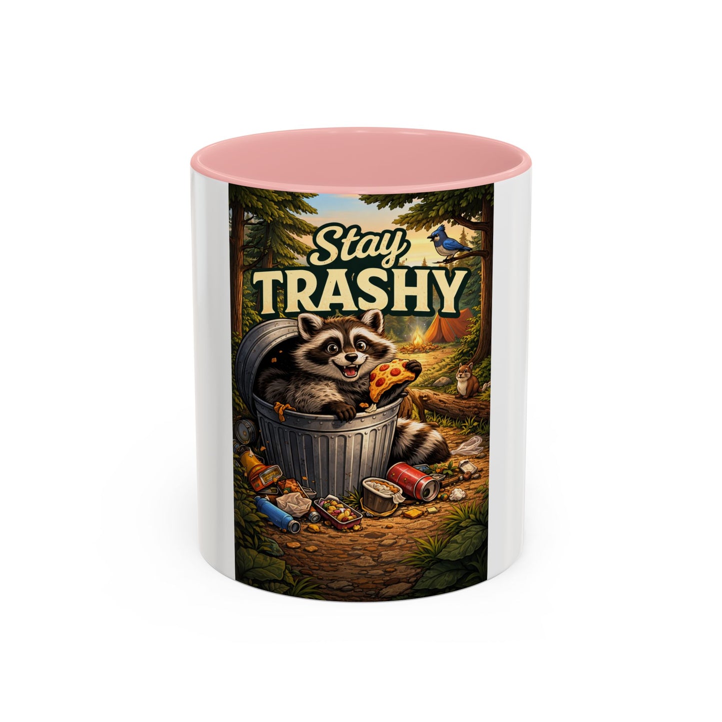 Stay Trashy Coffee Mug — Funny Raccoon Trash Can Design, Novelty Gift for Friends & Family
