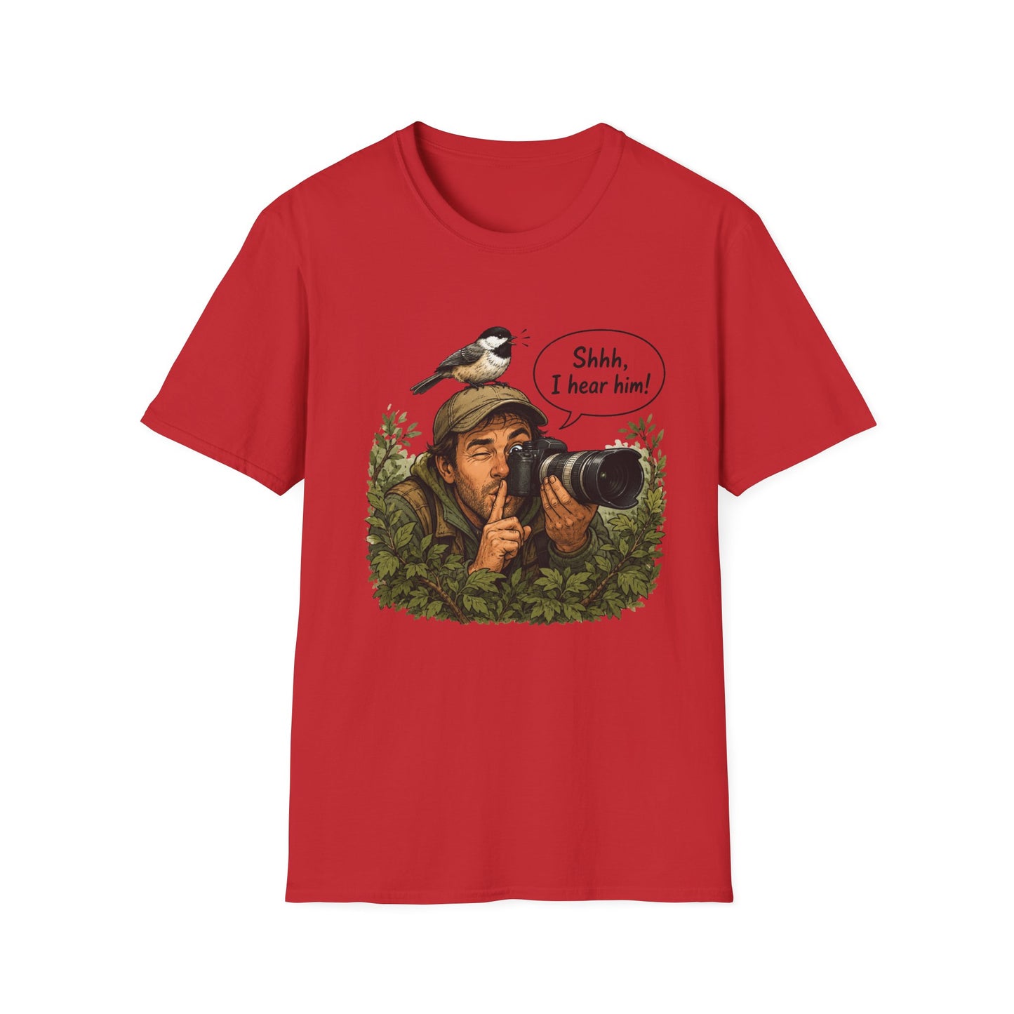 Birdwatcher Photographer T‑Shirt — “Shhh, I hear him!” Nature Lover Tee