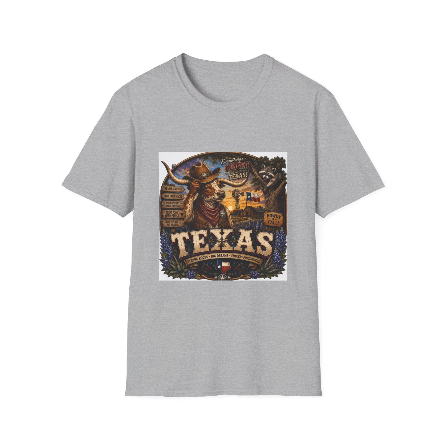 Texas Retro Cowboy T-Shirt — Vintage Longhorn & Raccoon Road Sign Design