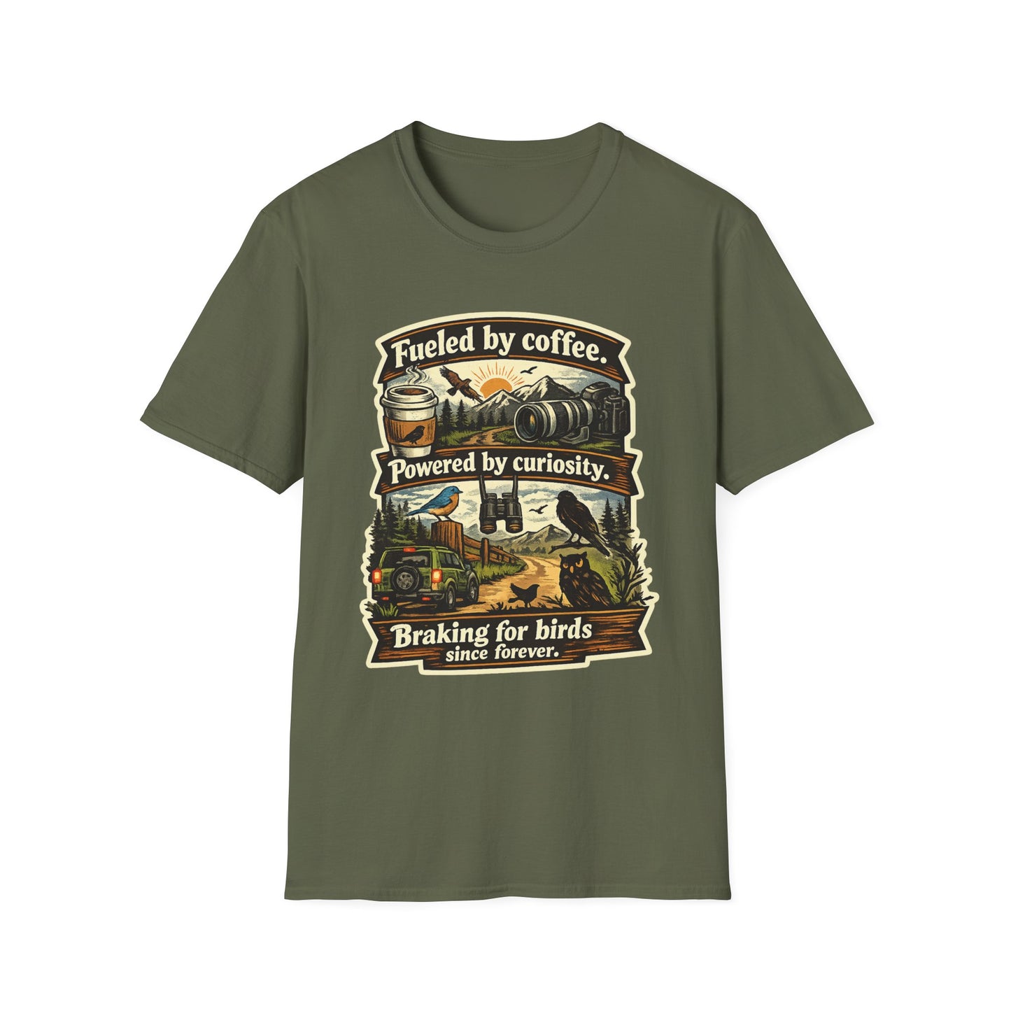 Birdwatcher Graphic T-Shirt — "Fueled by Coffee. Powered by Curiosity. Braking for Birds."