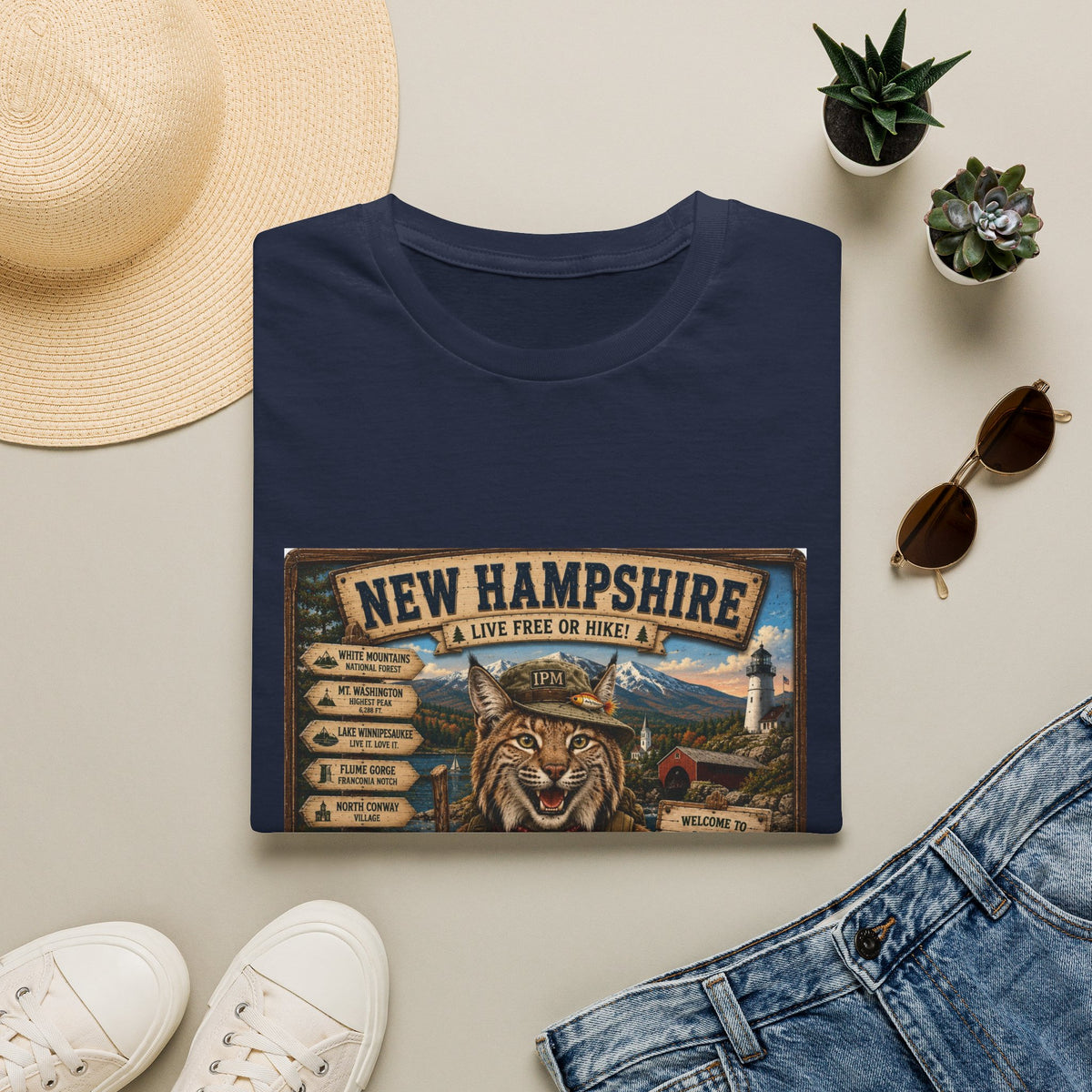 New Hampshire T-Shirt — 'Live Free or Hike' Vintage Mountain Bobcat Design