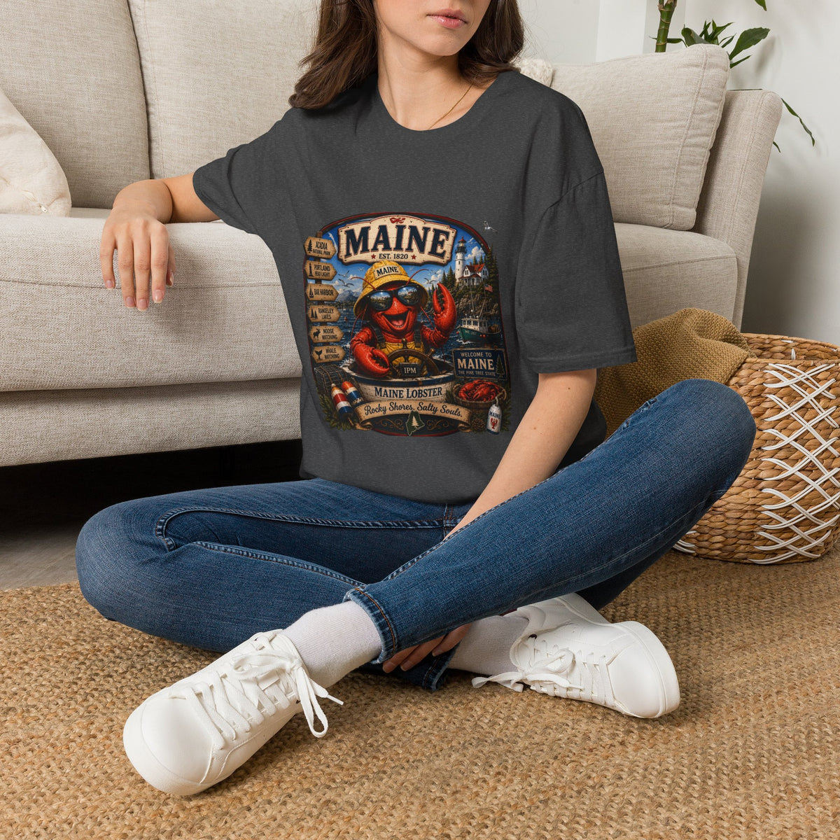 Maine Lobster Souvenir T-Shirt — Vintage Coastal Travel Design