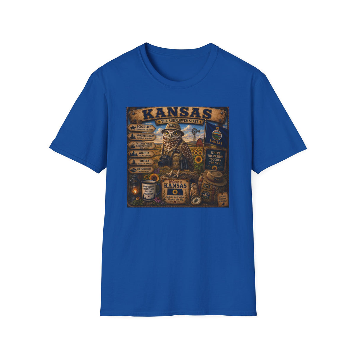 Kansas Vintage State Map T‑Shirt — Sunflower State Owl Design