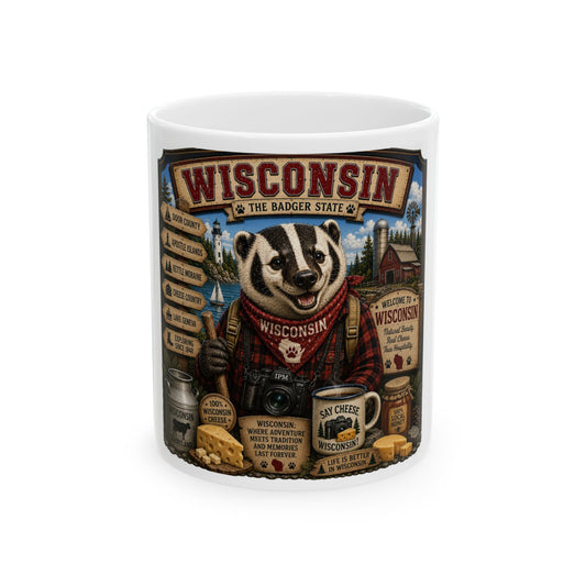 Wisconsin Badger State Ceramic Mug — Vintage Travel Poster Design (11oz & 15oz)