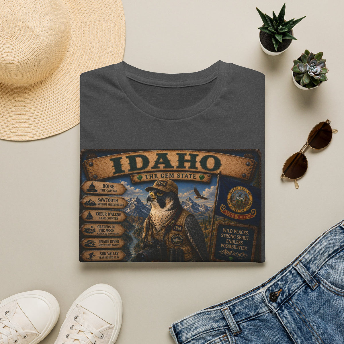 Idaho State Vintage Wildlife T-Shirt — 'The Gem State' Mountain & Wolf Graphic