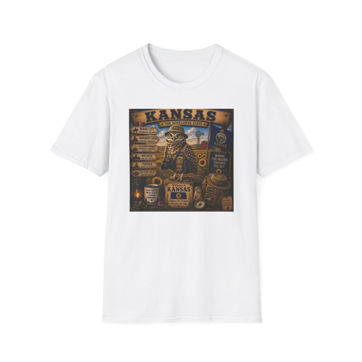 Kansas Vintage State Map T‑Shirt — Sunflower State Owl Design