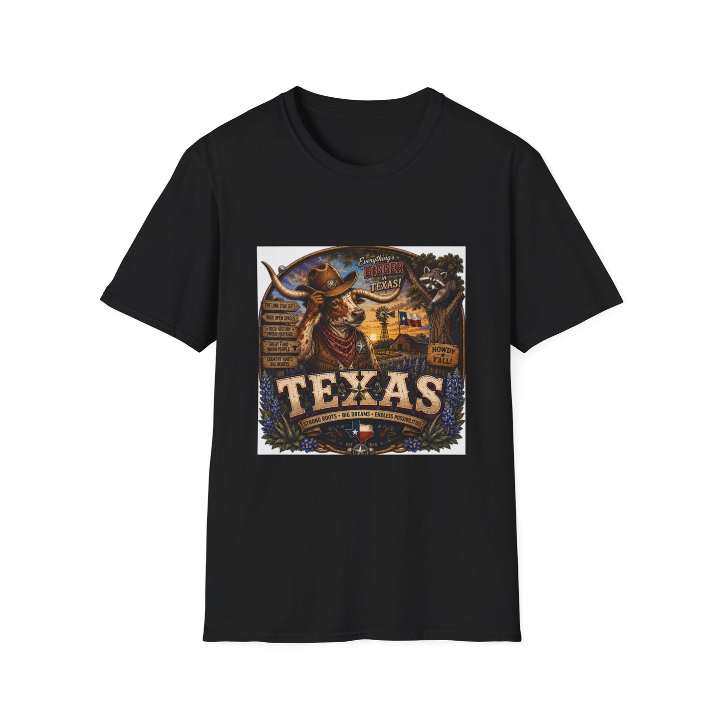 Texas Retro Cowboy T-Shirt — Vintage Longhorn & Raccoon Road Sign Design
