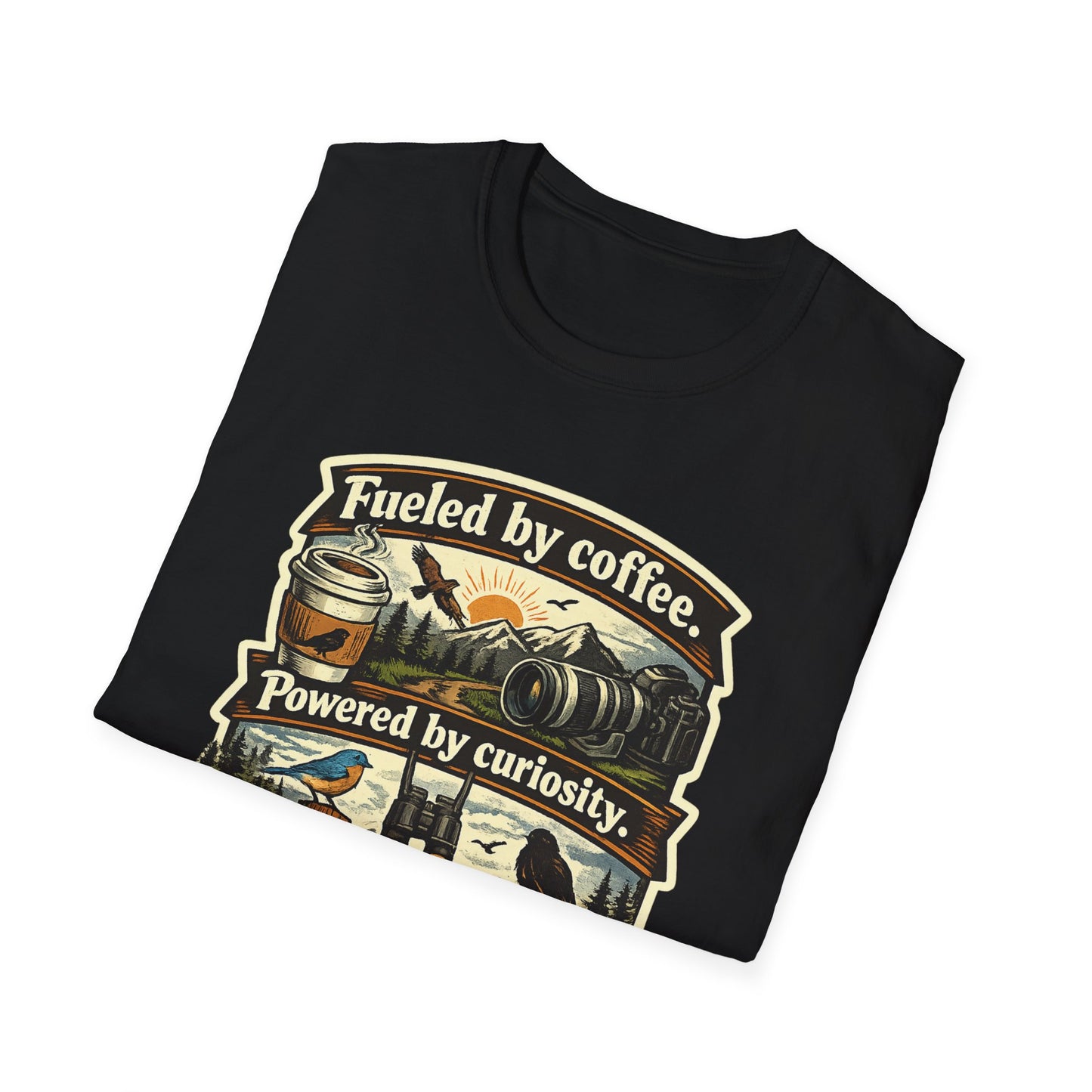 Birdwatcher Graphic T-Shirt — "Fueled by Coffee. Powered by Curiosity. Braking for Birds."