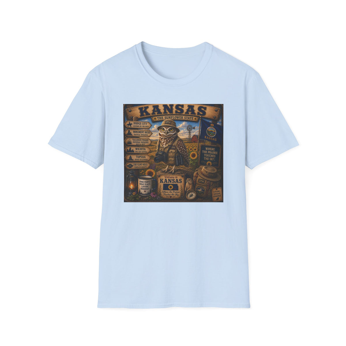 Kansas Vintage State Map T‑Shirt — Sunflower State Owl Design