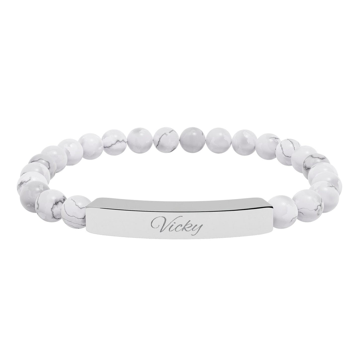 Engravable Natural Stone Bar Bracelet — Stretch Beaded Personalized Jewelry