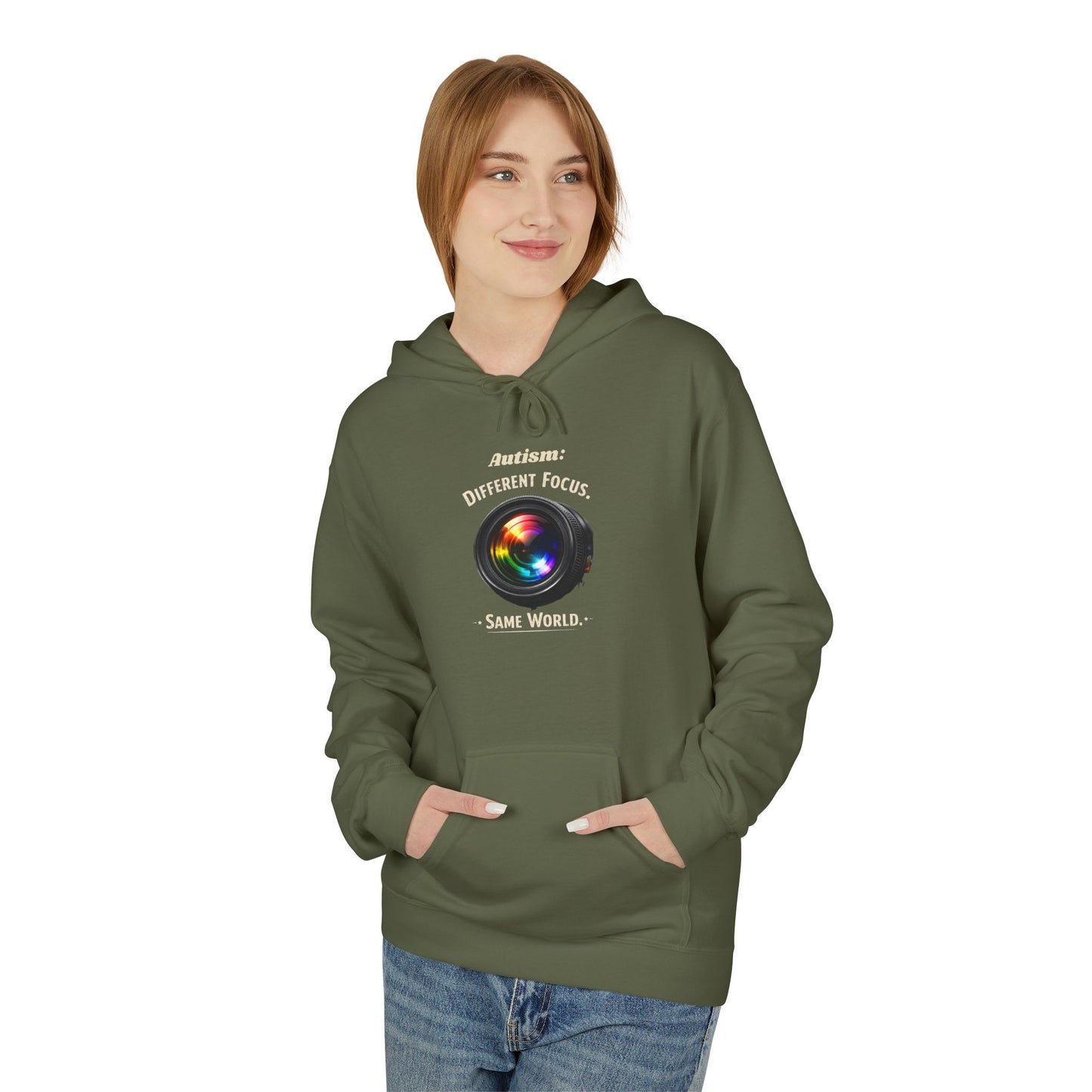 Hoodie — 'Different Not Less, Same World' Rainbow Eye Graphic