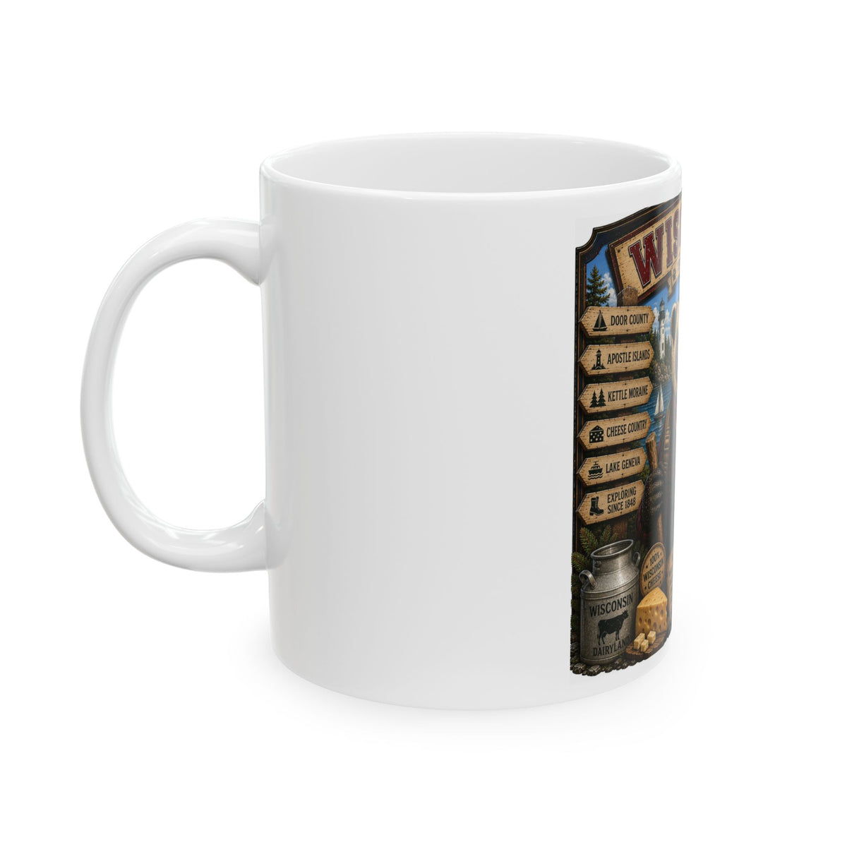 Wisconsin Badger State Ceramic Mug — Vintage Travel Poster Design (11oz & 15oz)
