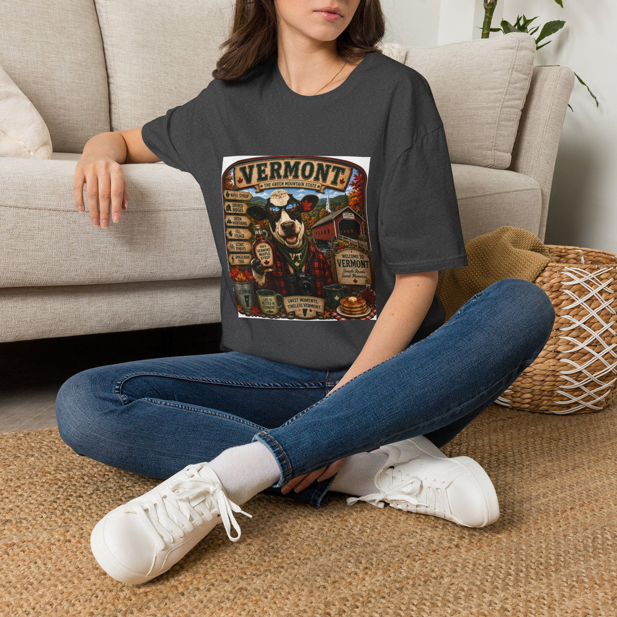 Vermont Vintage Travel T‑Shirt — Retro State Sign & Cow Design