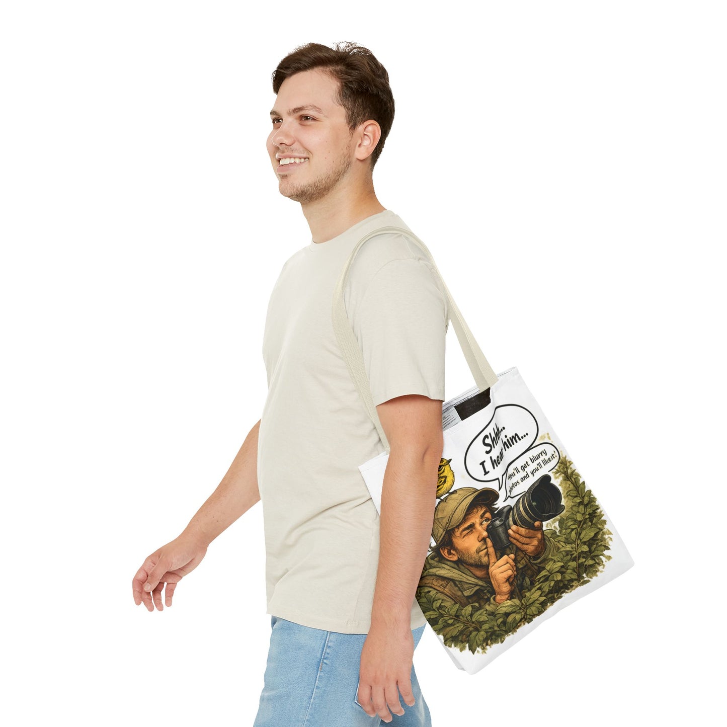Wildlife Photographer Tote Bag – "Shhh... I hear him" Birdwatching Camera Print