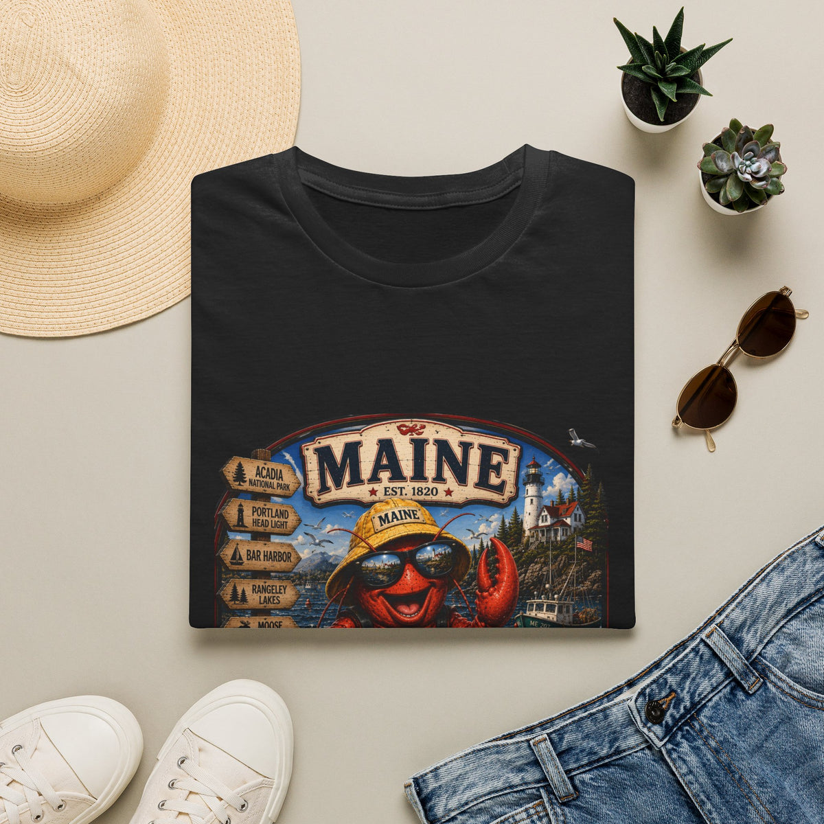 Maine Lobster Souvenir T-Shirt — Vintage Coastal Travel Design