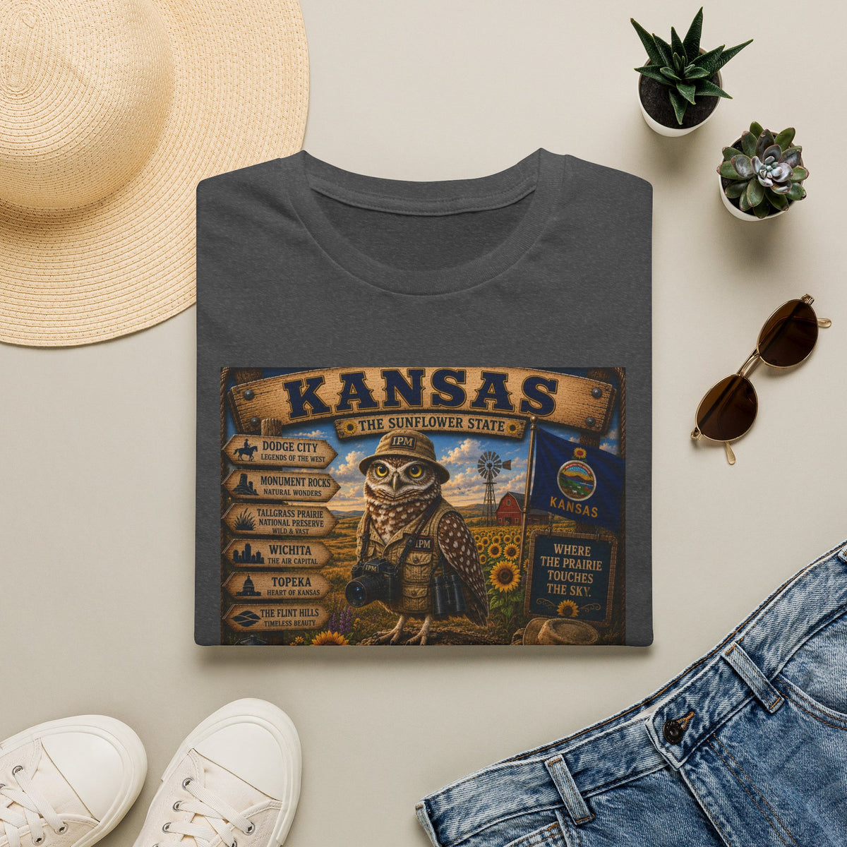 Kansas Vintage State Map T‑Shirt — Sunflower State Owl Design