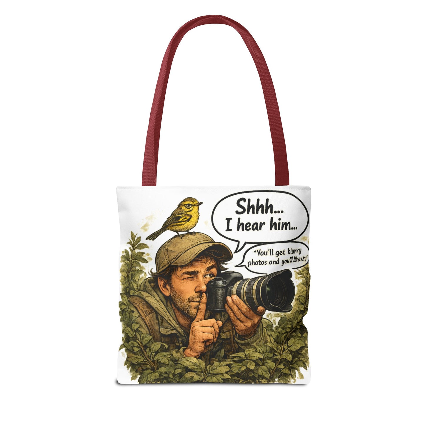 Wildlife Photographer Tote Bag – "Shhh... I hear him" Birdwatching Camera Print