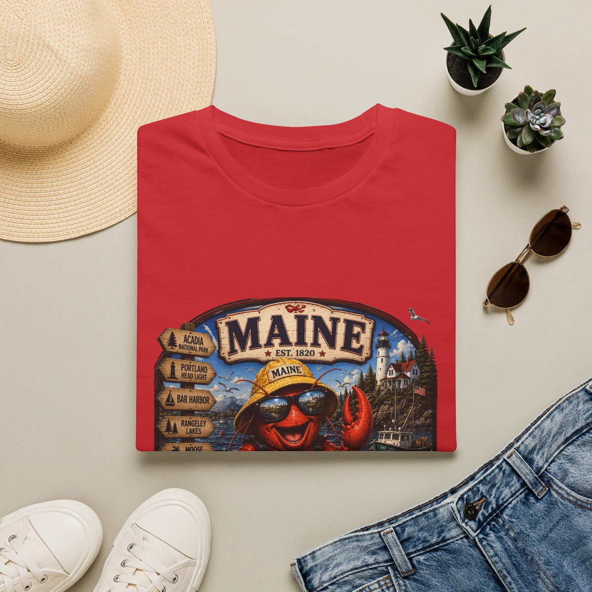 Maine Lobster Souvenir T-Shirt — Vintage Coastal Travel Design