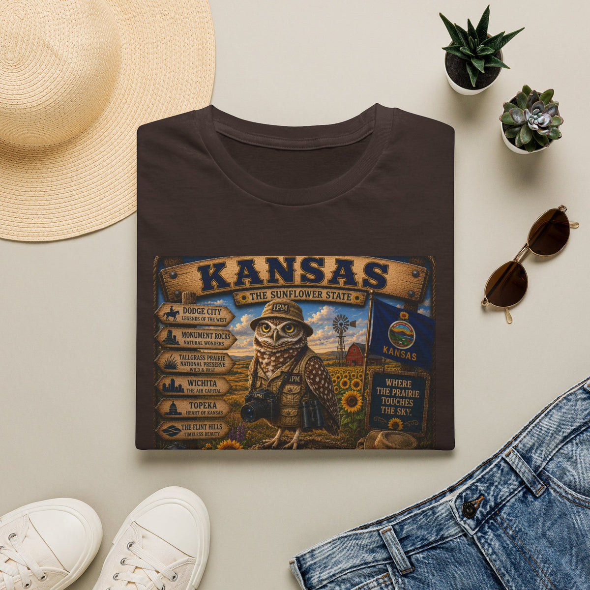 Kansas Vintage State Map T‑Shirt — Sunflower State Owl Design