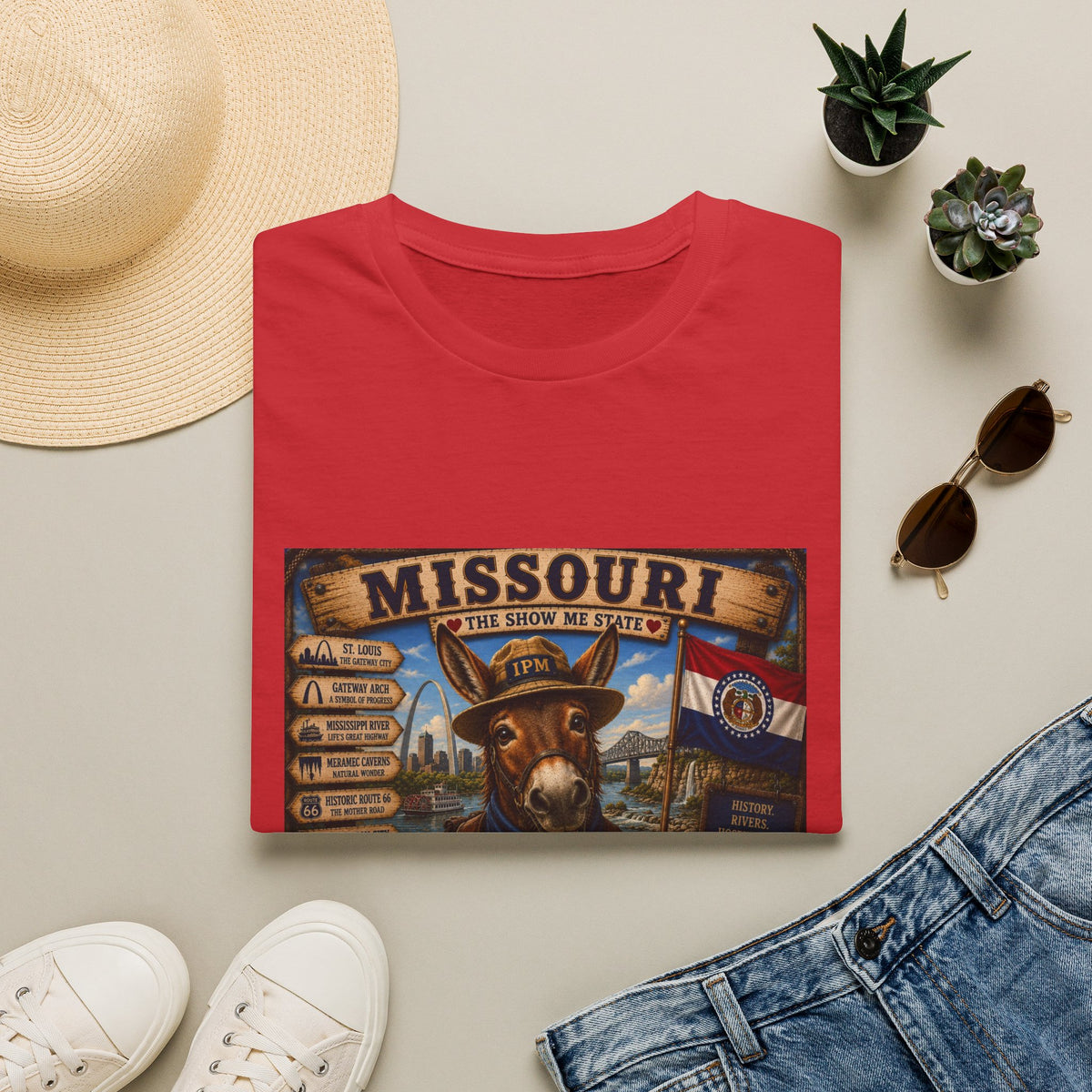 Missouri Vintage Donkey T-Shirt — State Map, Landmarks & Flag Graphic
