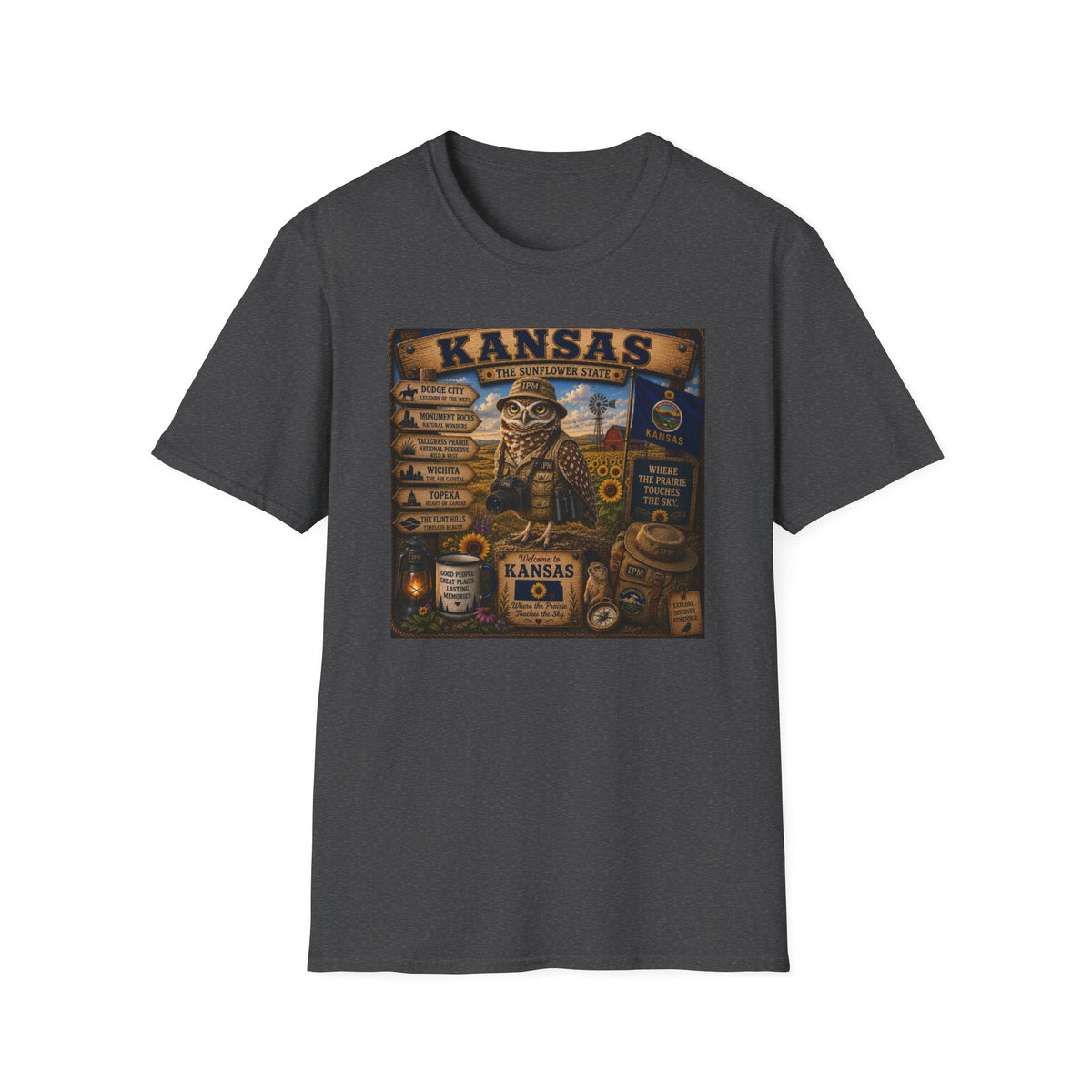Kansas Vintage State Map T‑Shirt — Sunflower State Owl Design