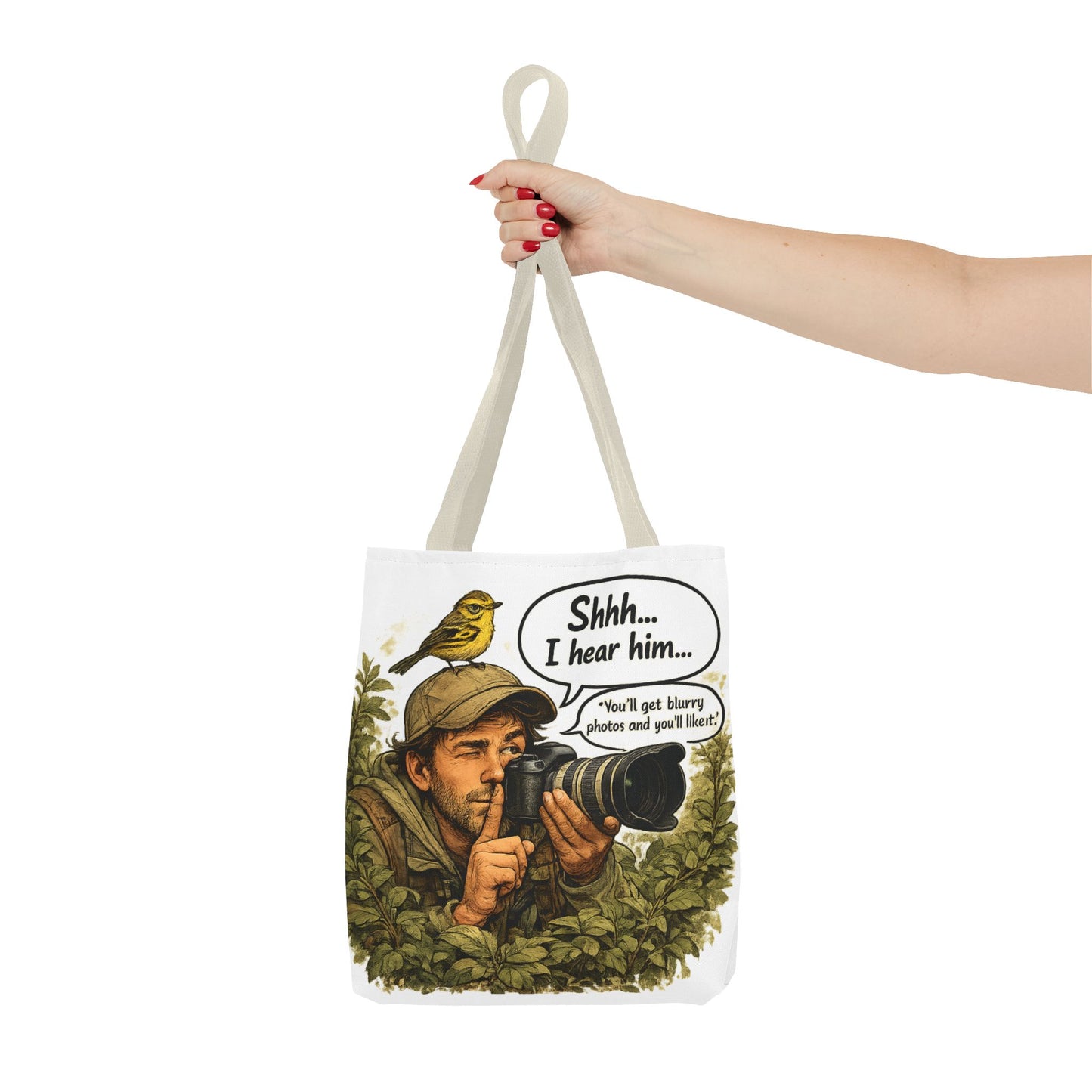 Wildlife Photographer Tote Bag – "Shhh... I hear him" Birdwatching Camera Print