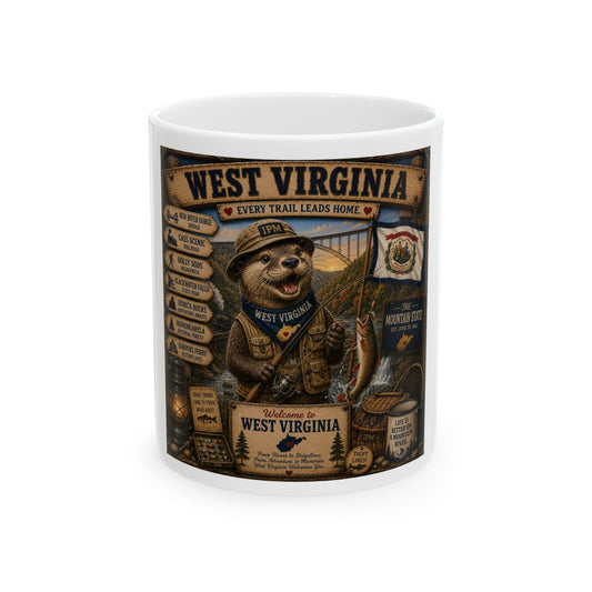 West Virginia Souvenir Ceramic Mug — 'Every Trail Leads Home' Hiking & Outdoors Design (11oz/15oz)