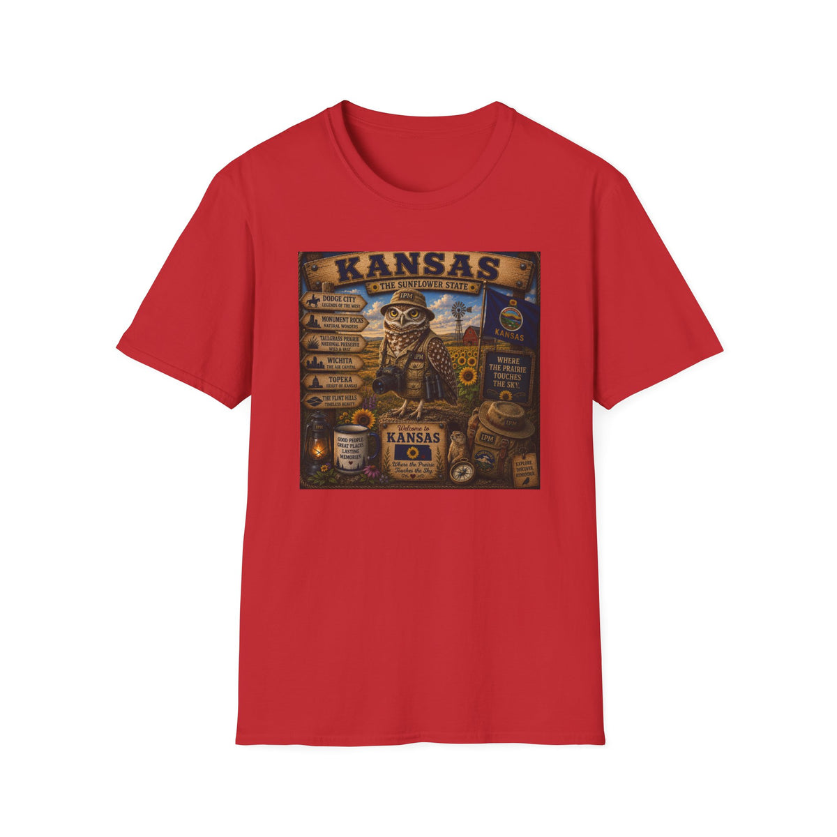 Kansas Vintage State Map T‑Shirt — Sunflower State Owl Design