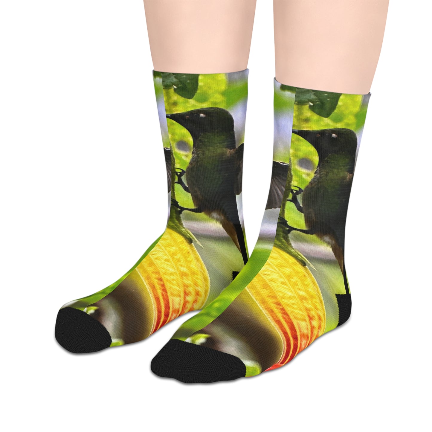 Hummingbird & Yellow Flower Mid-Length Socks — Nature Floral Crew Socks